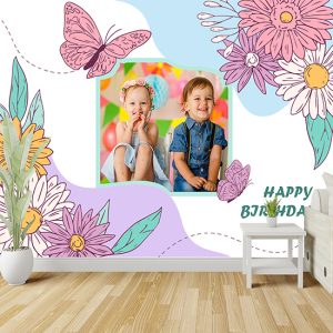 İkizler Çiçek Desenli Doğum Günü İçin Resimli Parti Afişi Duvar Kağıdı P0022