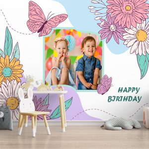 İkizler Çiçek Desenli Doğum Günü İçin Resimli Parti Afişi Duvar Kağıdı P0022