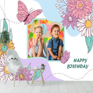 İkizler Çiçek Desenli Doğum Günü İçin Resimli Parti Afişi Duvar Kağıdı P0022