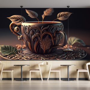 3D Vintage Fincan ve Yapraklar Cafe Duvar Kağıdı YC-00183