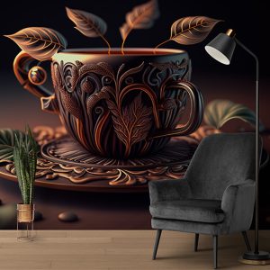 3D Vintage Fincan ve Yapraklar Cafe Duvar Kağıdı YC-00183