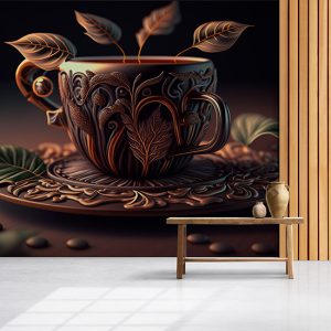 3D Vintage Fincan ve Yapraklar Cafe Duvar Kağıdı YC-00183