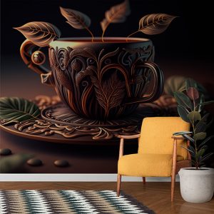 3D Vintage Fincan ve Yapraklar Cafe Duvar Kağıdı YC-00183