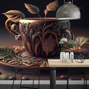 3D Vintage Fincan ve Yapraklar Cafe Duvar Kağıdı YC-00183