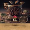3D Vintage Fincan ve Yapraklar Cafe Duvar Kağıdı YC-00183