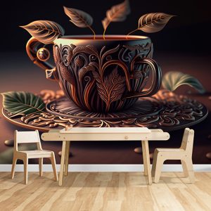 3D Vintage Fincan ve Yapraklar Cafe Duvar Kağıdı YC-00183