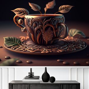 3D Vintage Fincan ve Yapraklar Cafe Duvar Kağıdı YC-00183