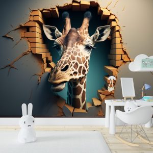 3D Duvarı Yıkan Bir Zürafa Çocuk Odası Duvar Kağıdı YCO-00240