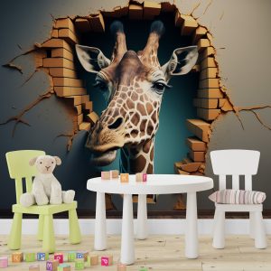3D Duvarı Yıkan Bir Zürafa Çocuk Odası Duvar Kağıdı YCO-00240