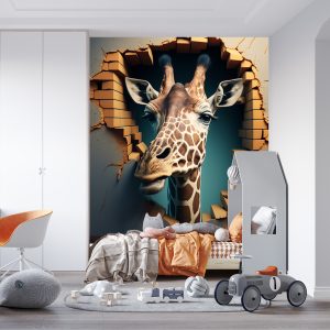 3D Duvarı Yıkan Bir Zürafa Çocuk Odası Duvar Kağıdı YCO-00240