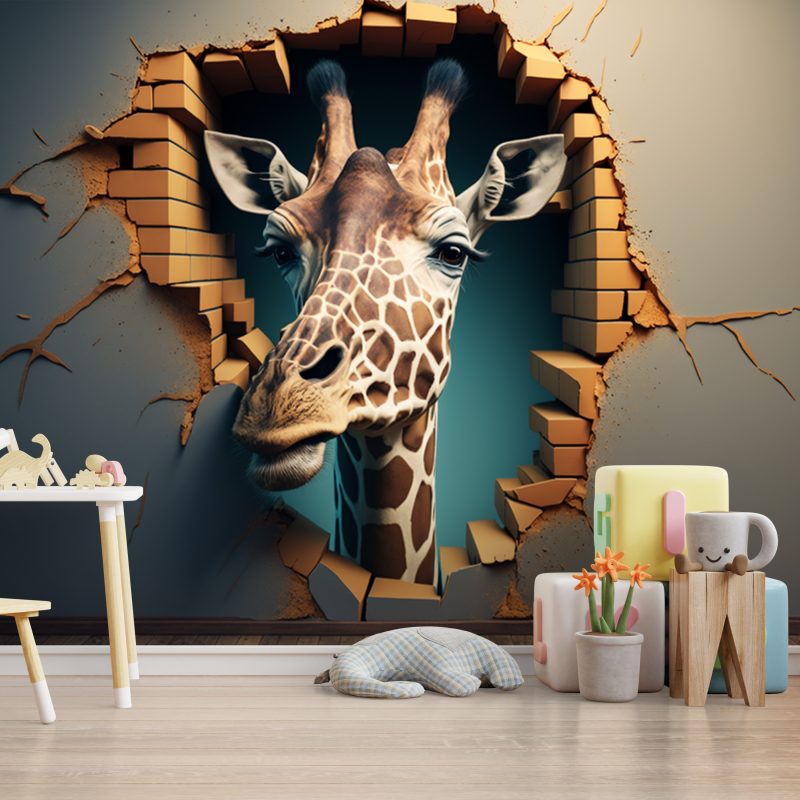 3D Duvarı Yıkan Zürafa Çocuk Odası Duvar Kağıdı YCO-00240