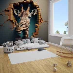 3D Duvarı Yıkan Bir Zürafa Çocuk Odası Duvar Kağıdı YCO-00240