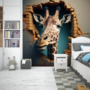 3D Duvarı Yıkan Bir Zürafa Çocuk Odası Duvar Kağıdı YCO-00240