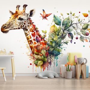 Zürafa ve Yapraklar Suluboya Çocuk Odası Duvar Kağıdı YCO-00242