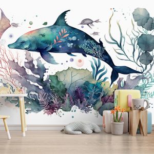 Balina ve Balıklar Suluboya Çocuk Odası Duvar Kağıdı YCO-00249