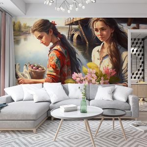 İskeledeki Kadınlar Nostaljik Manzara Duvar Kağıdı YD-00400