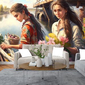 İskeledeki Kadınlar Nostaljik Manzara Duvar Kağıdı YD-00400