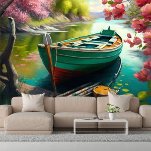 Göldeki Kayık ve Çiçek Açmış Ağaçlar Duvar Kağıdı YD-00404