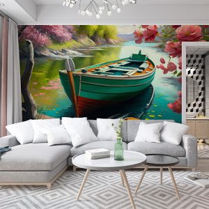 Göldeki Kayık ve Çiçek Açmış Ağaçlar Duvar Kağıdı YD-00404