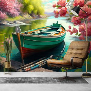 Göldeki Kayık ve Çiçek Açmış Ağaçlar Duvar Kağıdı YD-00404