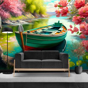 Göldeki Kayık ve Çiçek Açmış Ağaçlar Duvar Kağıdı YD-00404