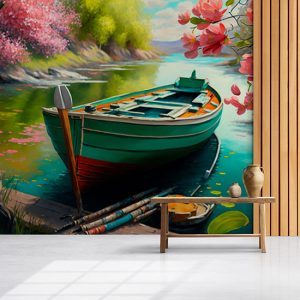 Göldeki Kayık ve Çiçek Açmış Ağaçlar Duvar Kağıdı YD-00404