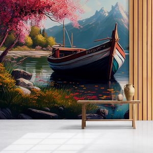 Eşsiz Göl Manzarasında Bir Kayık Van Gogh Stili Duvar Kağıdı YD-00405