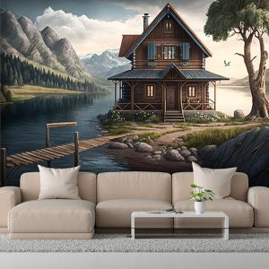 Ahşap Kulübe, Dağlar ve Göl Harika Manzara Duvar Kağıdı YD-00412