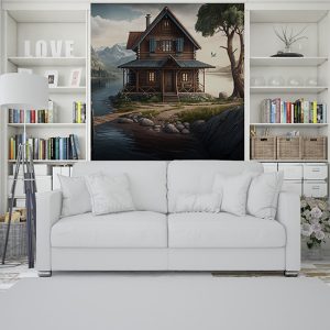 Ahşap Kulübe, Dağlar ve Göl Harika Manzara Duvar Kağıdı YD-00412