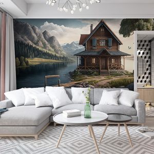 Ahşap Kulübe, Dağlar ve Göl Harika Manzara Duvar Kağıdı YD-00412