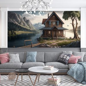 Ahşap Kulübe, Dağlar ve Göl Harika Manzara Duvar Kağıdı YD-00412