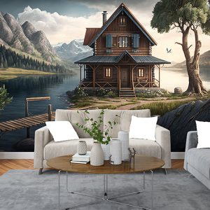 Ahşap Kulübe, Dağlar ve Göl Harika Manzara Duvar Kağıdı YD-00412