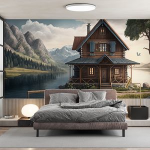 Ahşap Kulübe, Dağlar ve Göl Harika Manzara Duvar Kağıdı YD-00412
