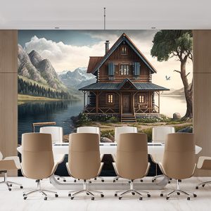 Ahşap Kulübe, Dağlar ve Göl Harika Manzara Duvar Kağıdı YD-00412