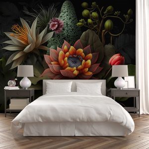 Turuncu Lotus ve Botanik Çiçekler Dekor Duvar Kağıdı YF-00318