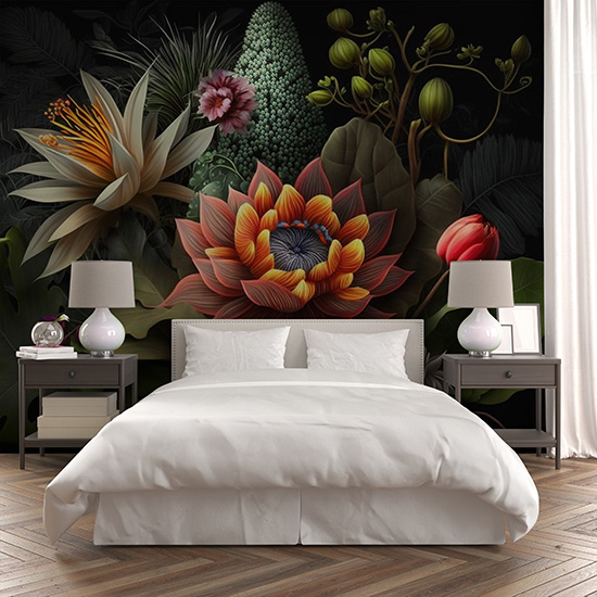 Turuncu Lotus ve Botanik Çiçekler Dekor Duvar Kağıdı YF-00318