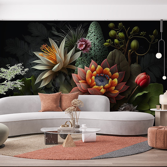 Turuncu Lotus ve Botanik Çiçekler Dekor Duvar Kağıdı YF-00318