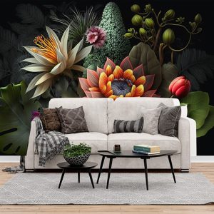 Turuncu Lotus ve Botanik Çiçekler Dekor Duvar Kağıdı YF-00318