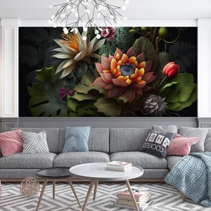 Turuncu Lotus ve Botanik Çiçekler Dekor Duvar Kağıdı YF-00318