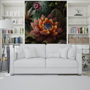 Turuncu Lotus ve Botanik Çiçekler Dekor Duvar Kağıdı YF-00318