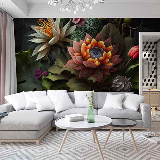 Turuncu Lotus ve Botanik Çiçekler Dekor Duvar Kağıdı YF-00318