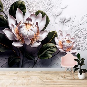 3D Kabartma Görünümlü Beyaz Çiçekler En İyi Duvar Kağıtları YF-00524
