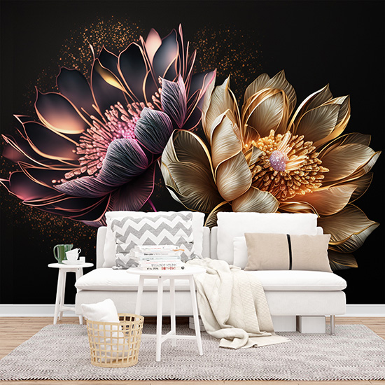 3D Altın Hint Lotusu Duvar Kağıtları YF-00015