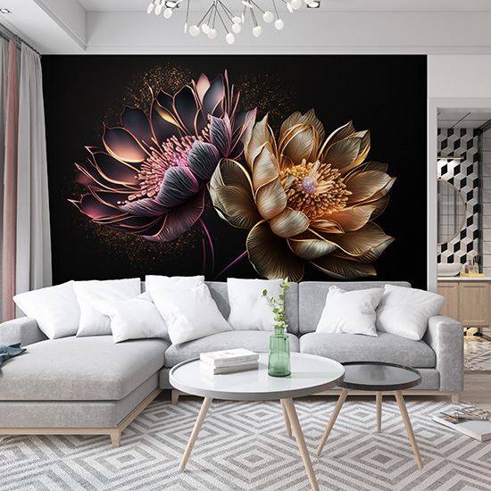 3D Altın Hint Lotusu Duvar Kağıtları YF-00015