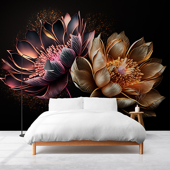 3D Altın Hint Lotusu Duvar Kağıtları YF-00015