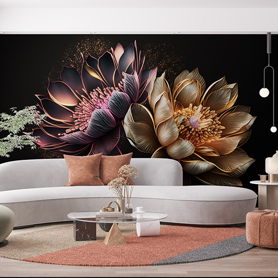 3D Altın Hint Lotusu Duvar Kağıtları YF-00015