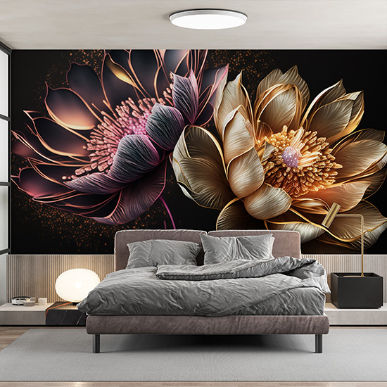 3D Altın Hint Lotusu Duvar Kağıtları YF-00015