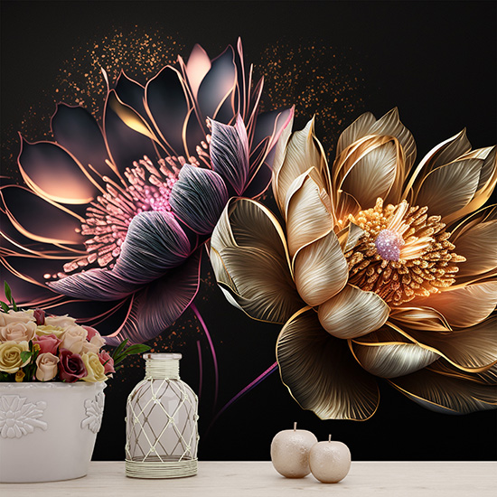 3D Altın Hint Lotusu Duvar Kağıtları YF-00015