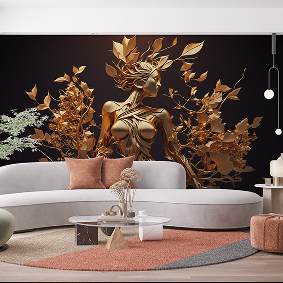 3D Altın Renk Kadın ve Çiçekler Duvar Kağıtları YF-00030