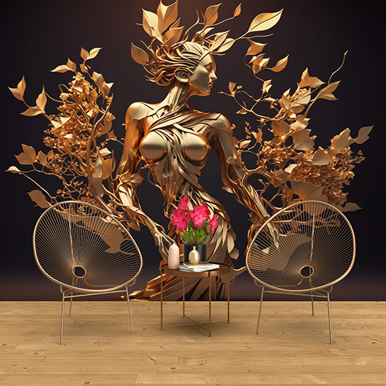 3D Altın Renk Kadın ve Çiçekler Duvar Kağıtları YF-00030